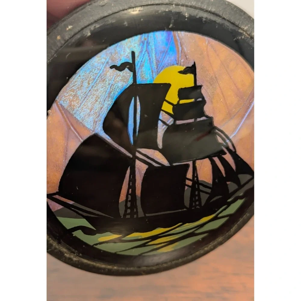 Vintage Real Butterfly Wing Art Sailing Ship Reverse Painted Glass 3in Round